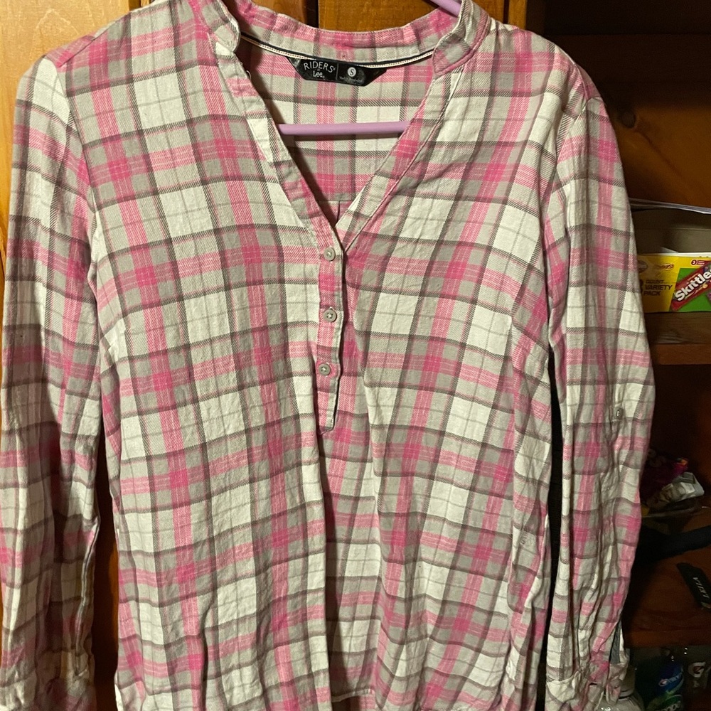 Pink plaid part button down long sleeve shirt